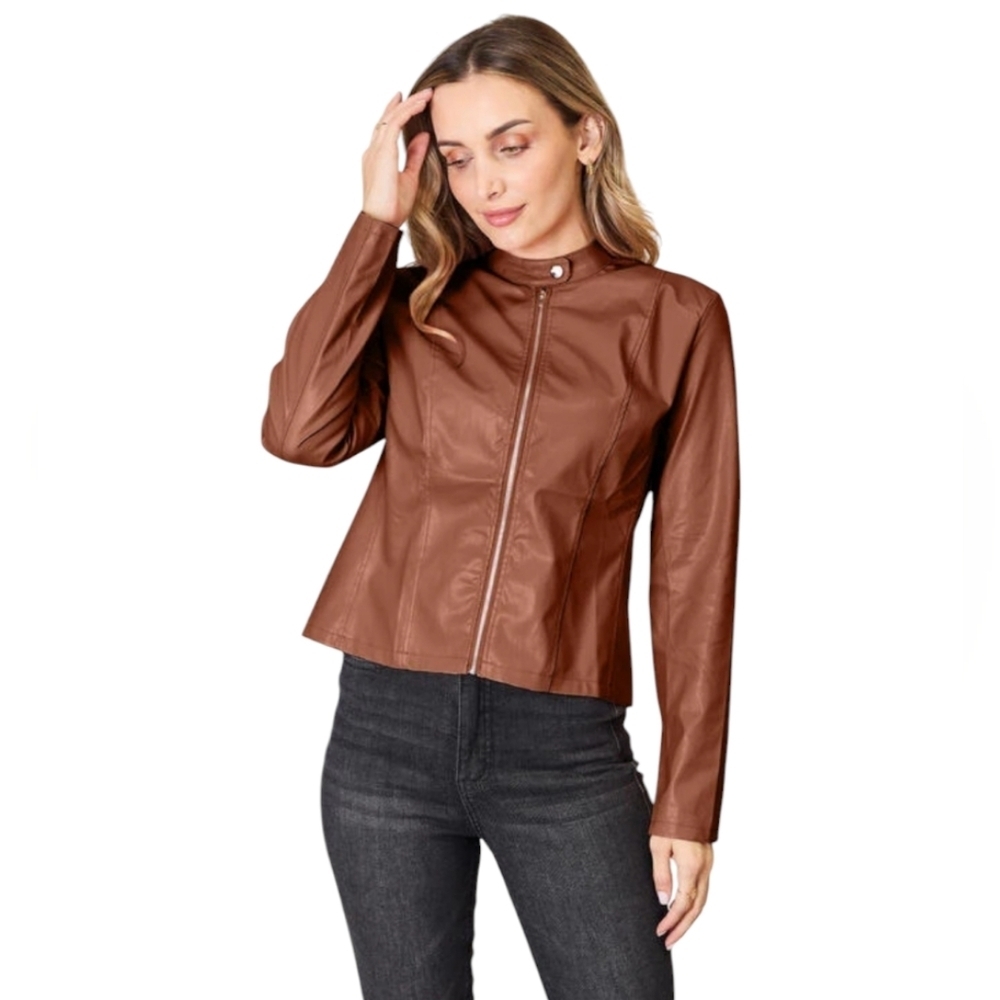 Mock Neck Zip Up Brown Lightweight Moto City Chic Plus Jacket - Women's